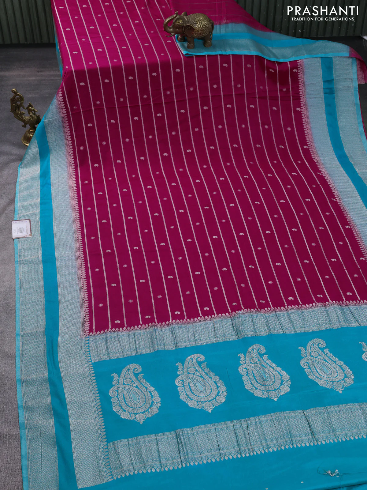 Banarasi semi crepe saree pink and teal blue with allover zari weaves & buttas and rettapet zari woven border - Image 2
