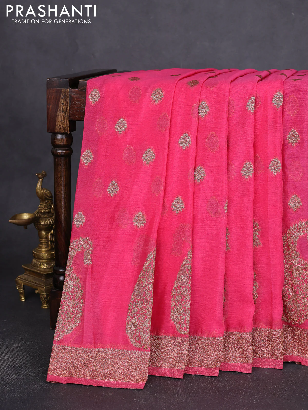 Banarasi semi crepe saree pink with allover thread & zari woven buttas and zari woven border