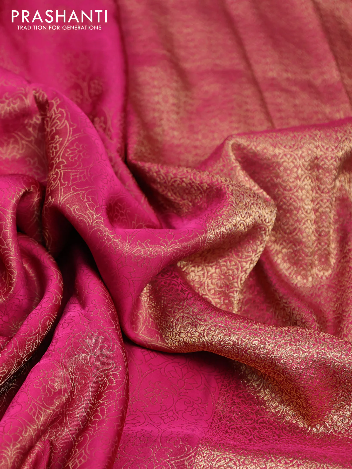 Banarasi semi crepe saree pink with allover zari woven brocade weaves and lace work border - Image 3