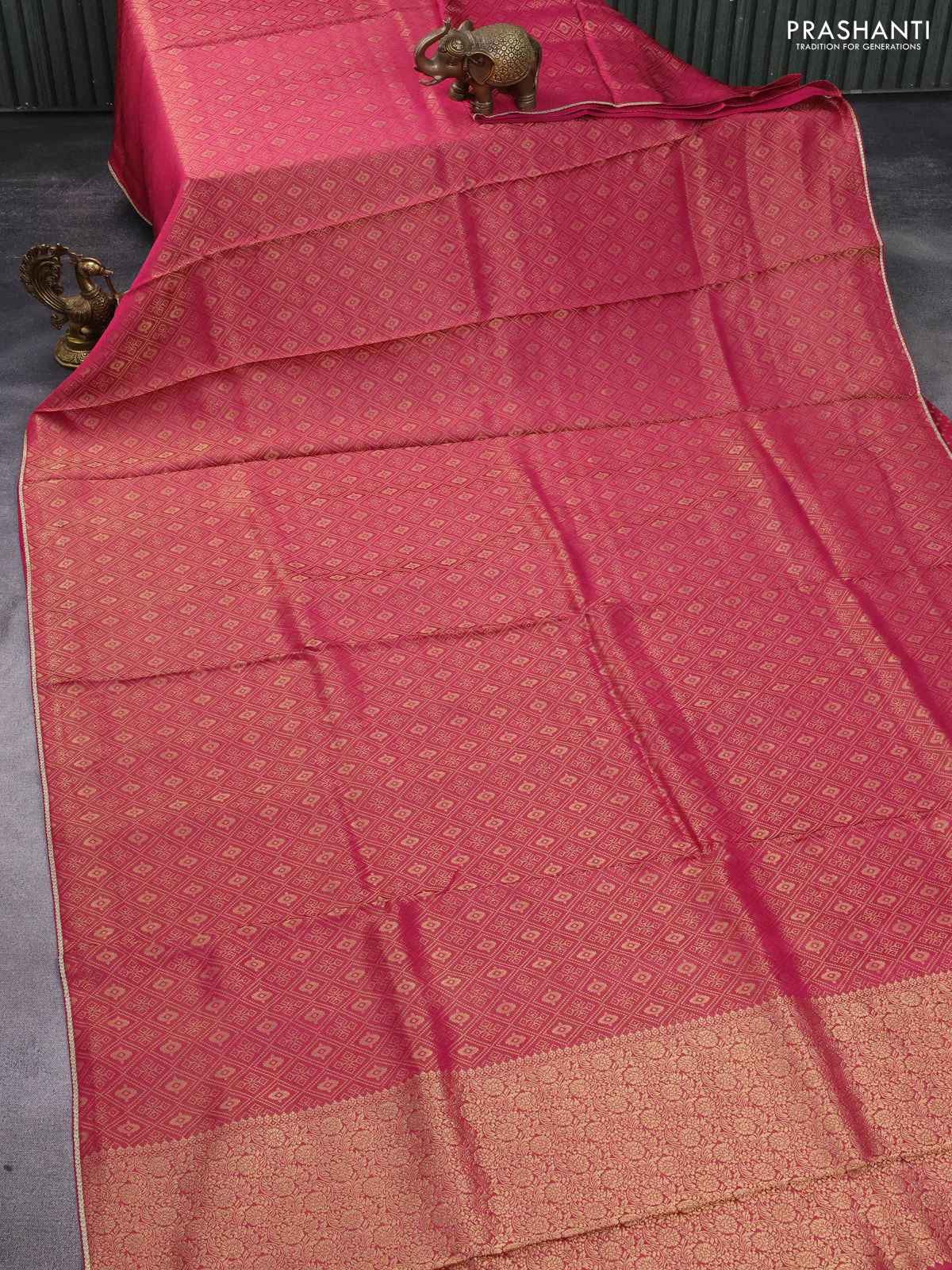 Banarasi semi crepe saree pink with allover zari woven brocade weaves and lace work border - Image 2