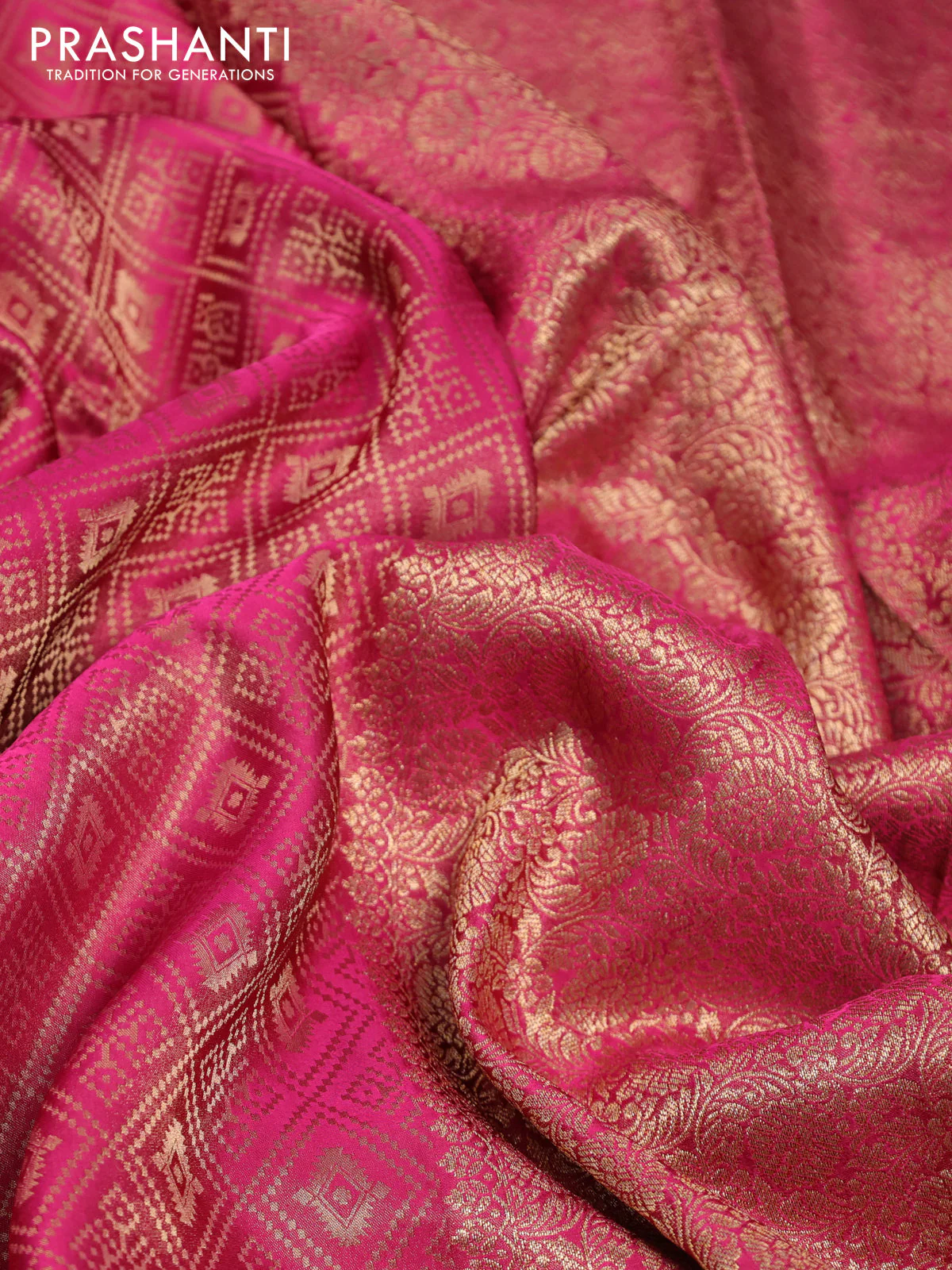 Banarasi semi crepe saree pink with allover zari woven brocade weaves and lace work border - Image 3