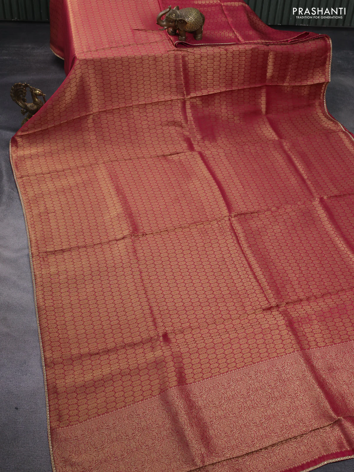 Banarasi semi crepe saree pink with allover zari woven brocade weaves and lace work border - Image 2