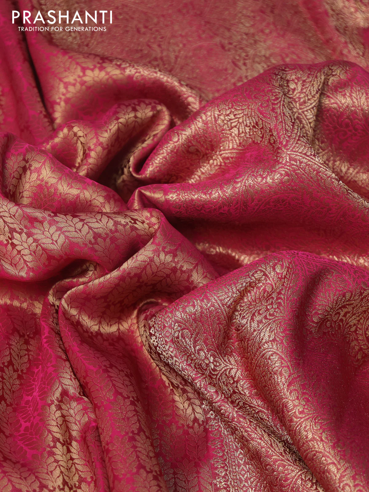 Banarasi semi crepe saree pink with allover zari woven brocade weaves and lace work border - Image 3