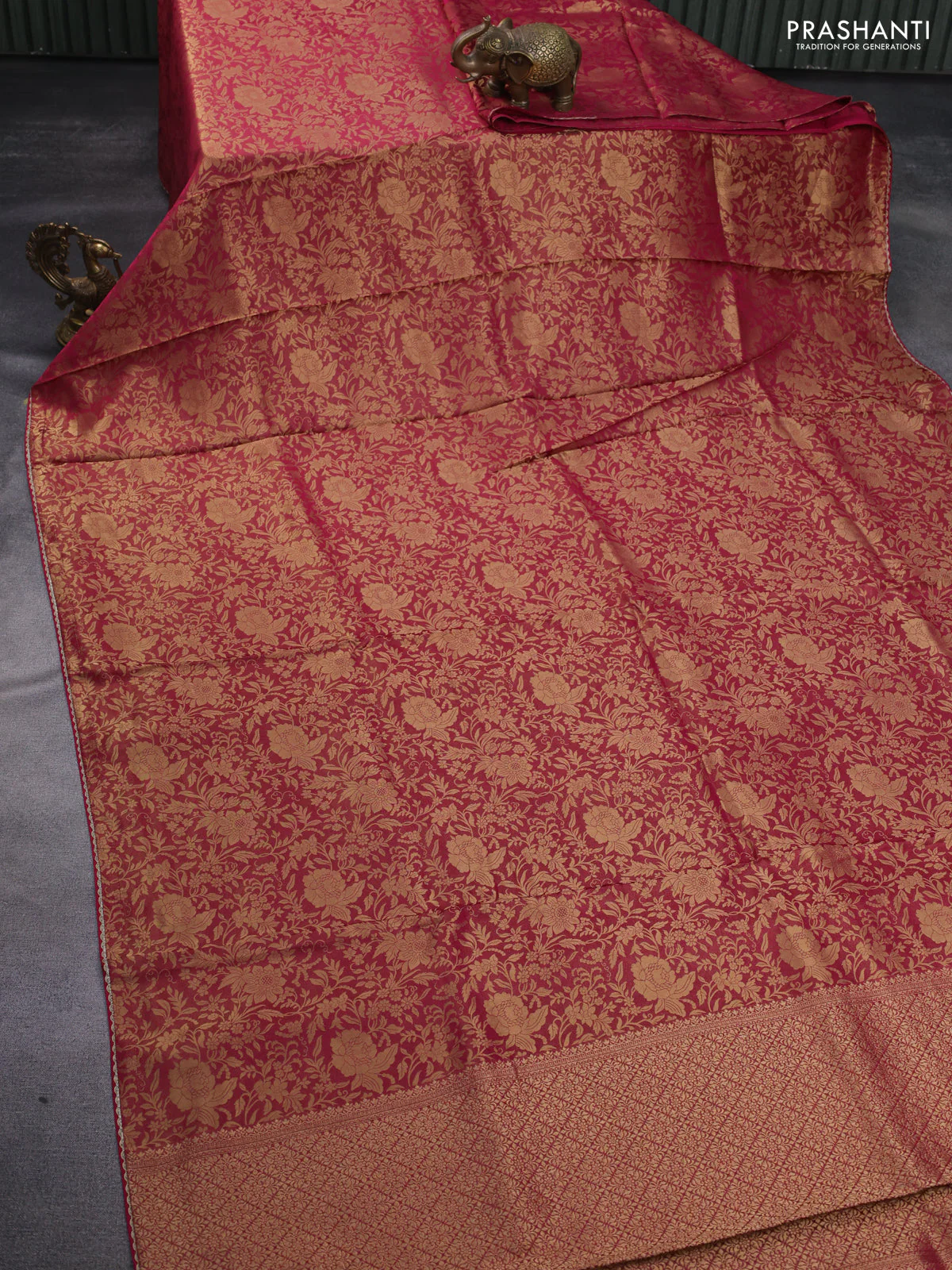 Banarasi semi crepe saree pink with allover zari woven brocade weaves and lace work border - Image 2