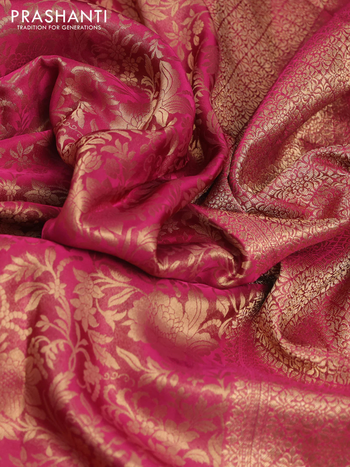 Banarasi semi crepe saree pink with allover zari woven brocade weaves and lace work border - Image 3