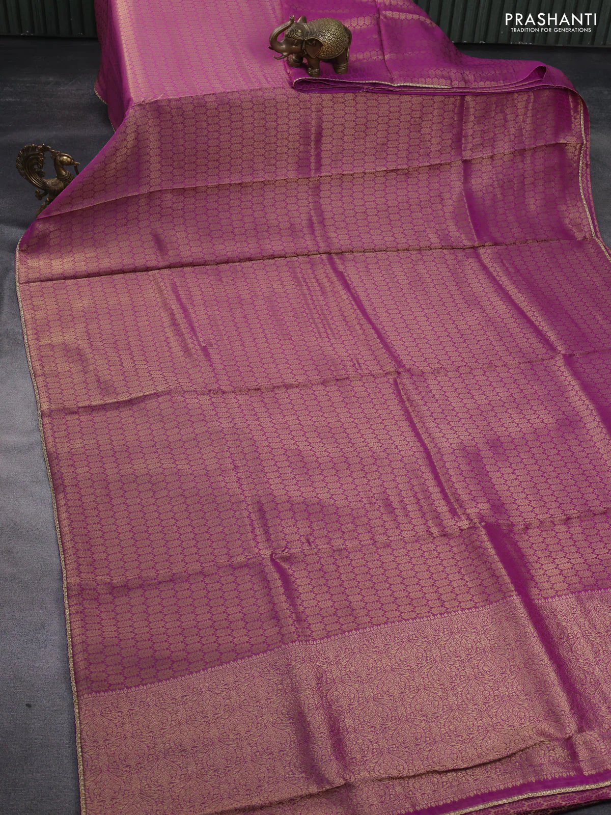 Banarasi semi crepe saree purple with allover zari woven brocade weaves and lace work border - Image 2