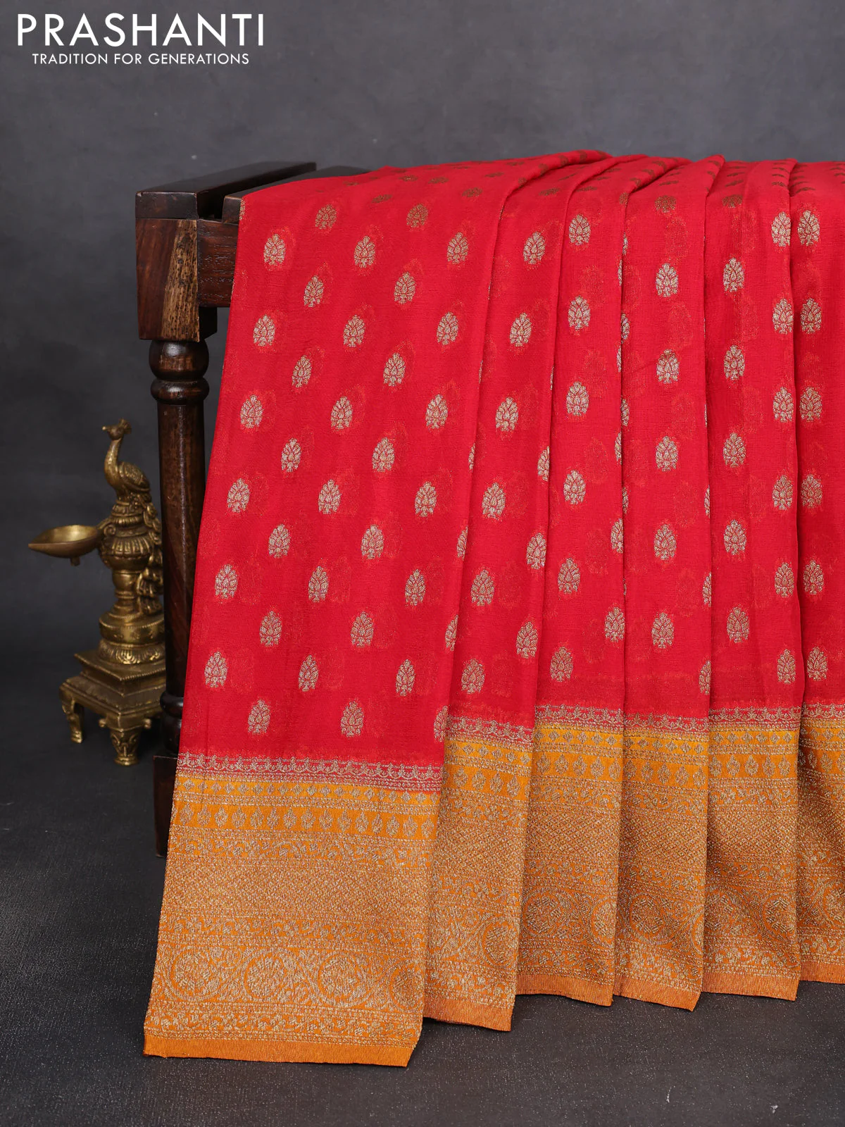 Banarasi semi crepe saree red and dark mustard with allover thread & zari woven buttas and woven border