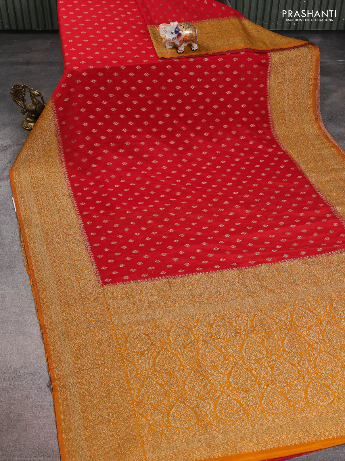Banarasi semi crepe saree red and dark mustard with allover thread & zari woven buttas and woven border - Image 2
