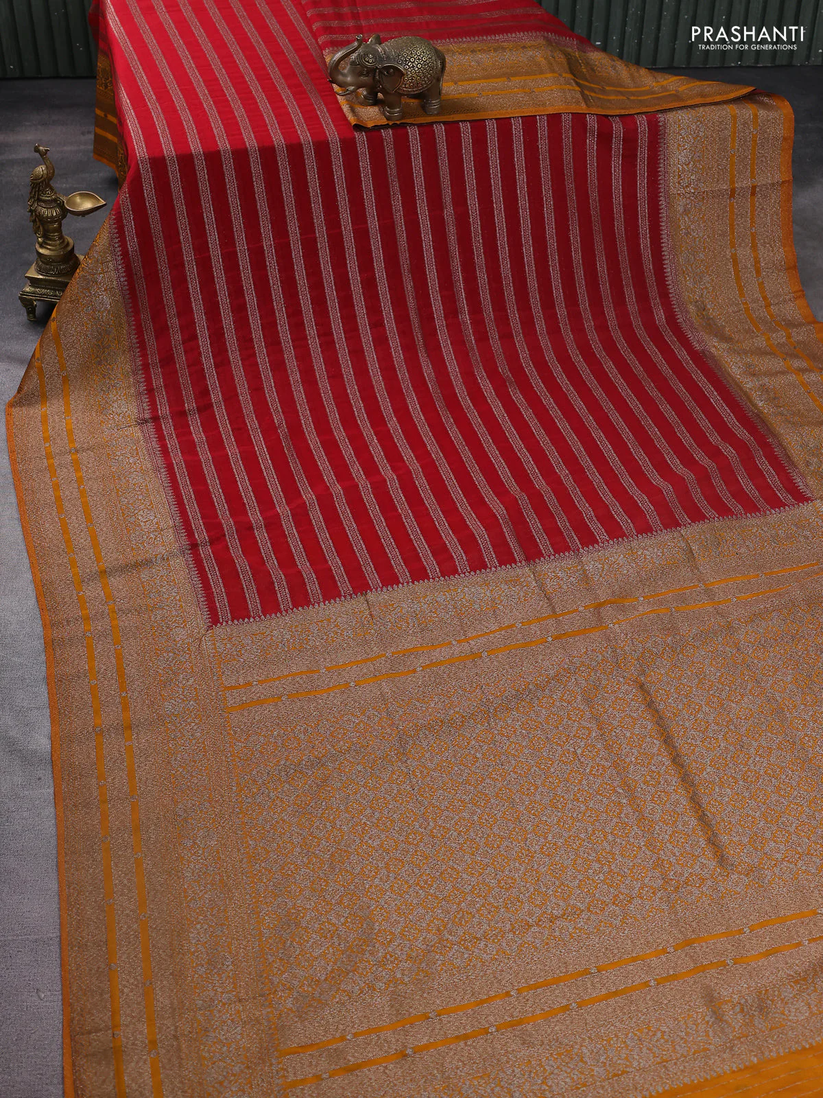 Banarasi semi crepe saree red and dark mustard with allover zari weaves and long zari woven border - Image 2