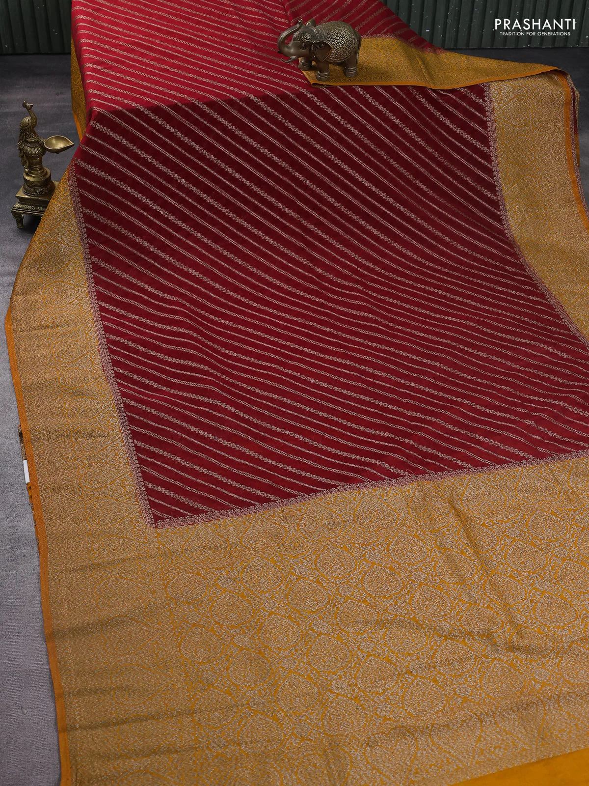 Banarasi semi crepe saree red and mustard yellow with allover zari weaves and zari woven border - Image 2