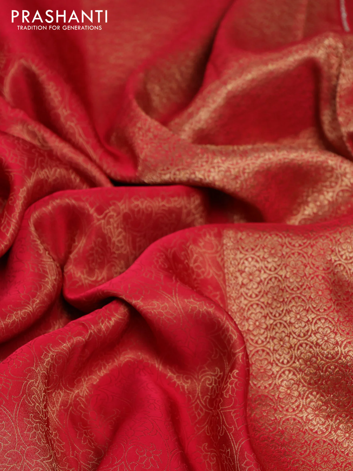 Banarasi semi crepe saree red with allover zari woven brocade weaves and lace work border - Image 3