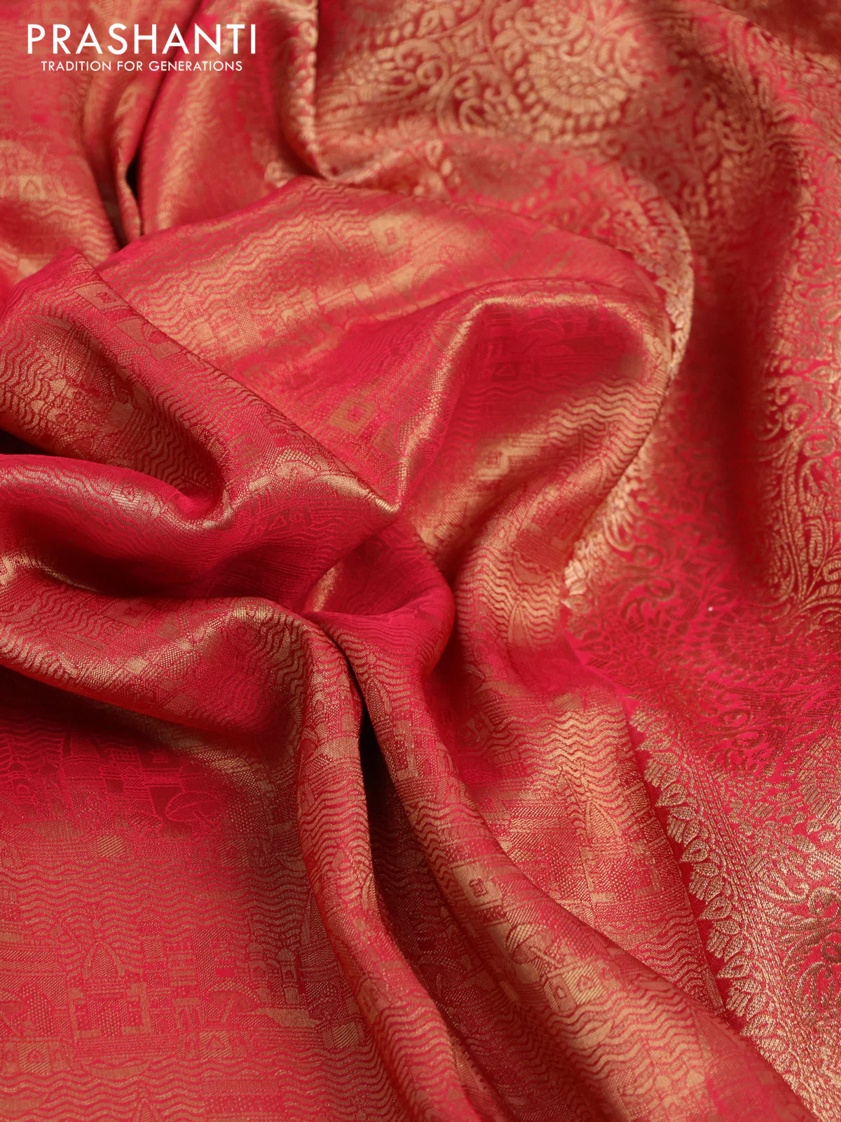 Banarasi semi crepe saree red with allover zari woven brocade weaves and lace work border - Image 3