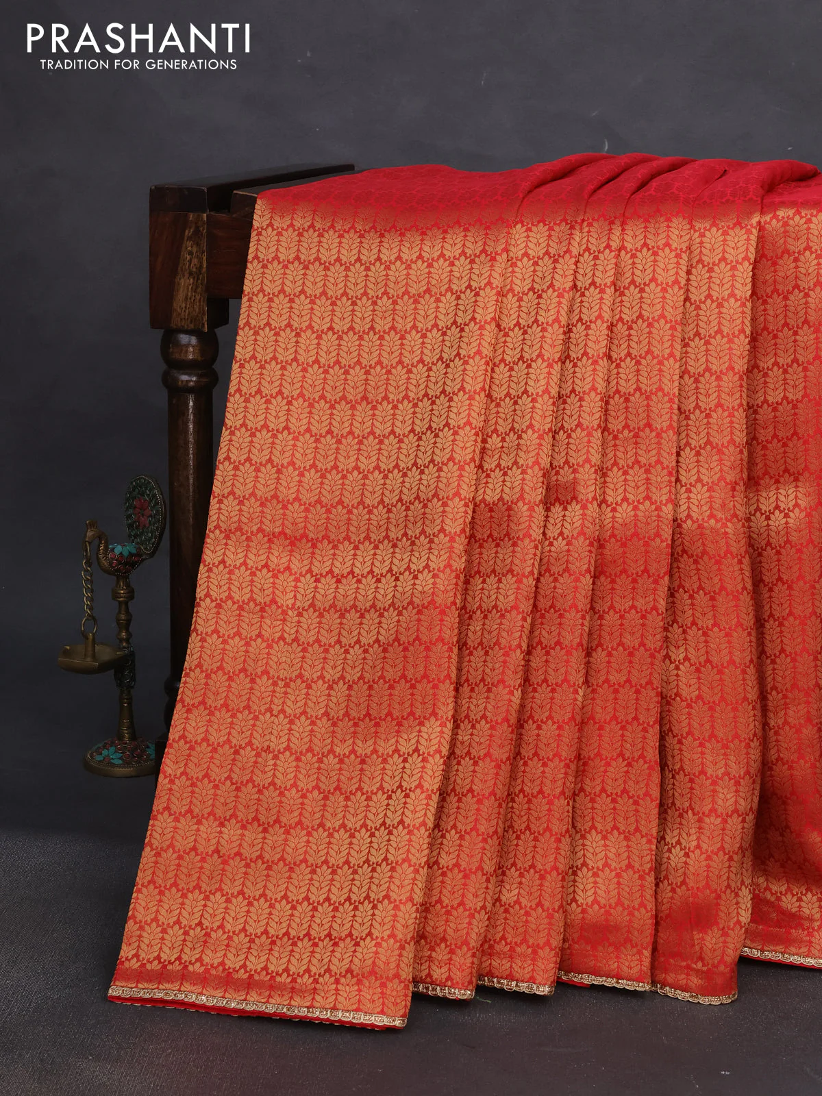 Banarasi semi crepe saree red with allover zari woven brocade weaves and lace work border