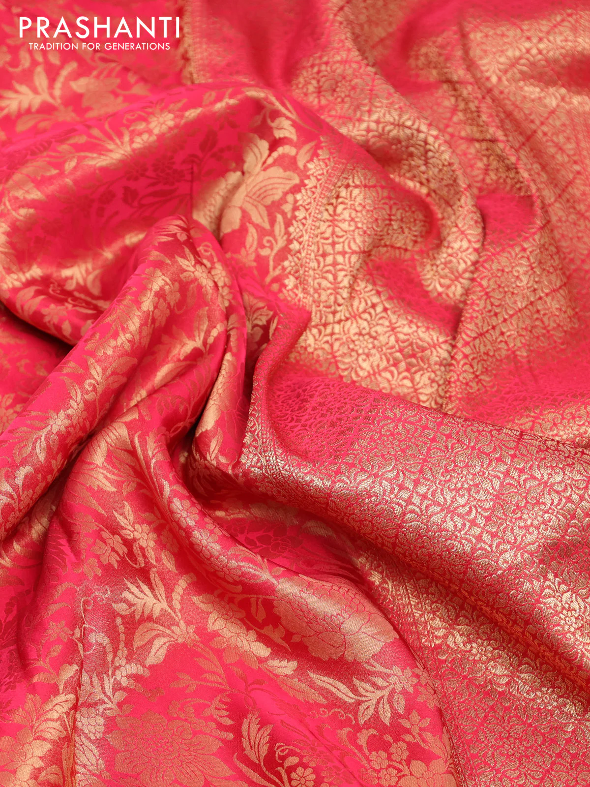 Banarasi semi crepe saree red with allover zari woven brocade weaves and lace work border - Image 3