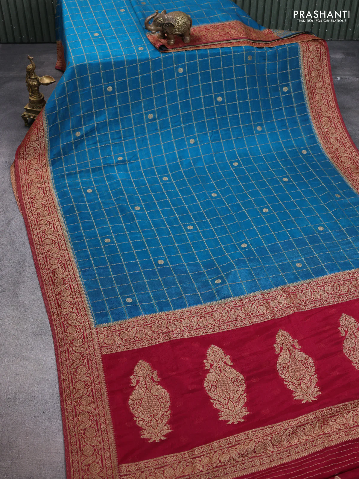 Banarasi semi crepe saree teal blue and maroon with allover zari checks & buttas and zari woven border - Image 2