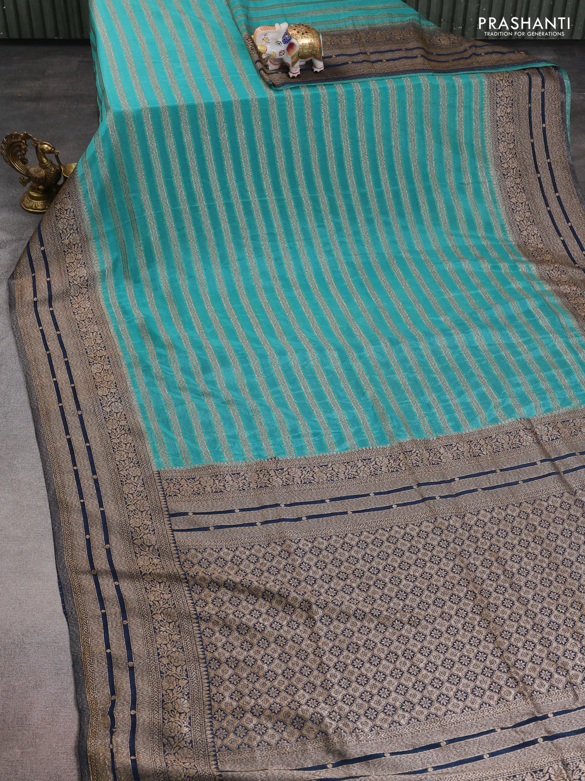 Banarasi semi crepe saree teal blue and peacock blue with allover zari weaves and long zari woven border - Image 2