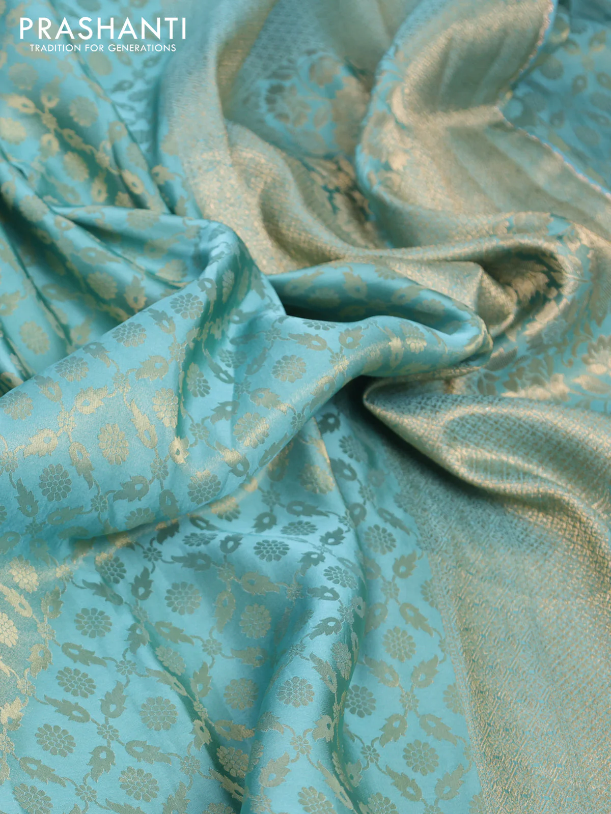 Banarasi semi crepe saree teal blue shade with allover zari woven brocade weaves and lace work border - Image 3
