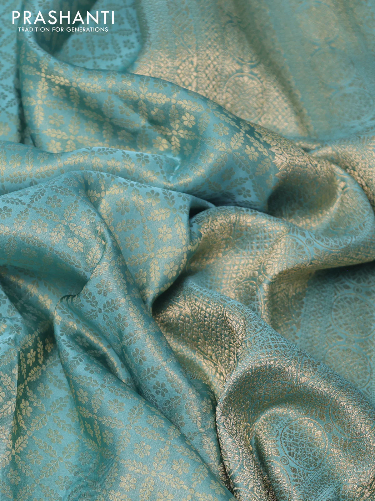 Banarasi semi crepe saree teal blue shade with allover zari woven brocade weaves and lace work border - Image 3
