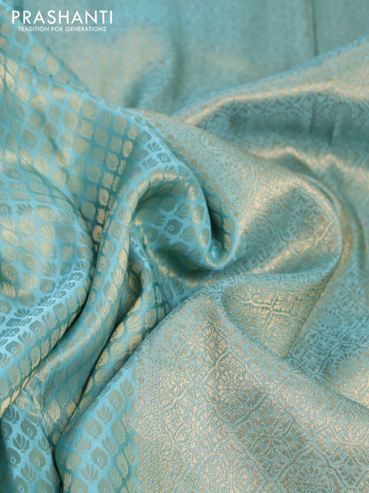 Banarasi semi crepe saree teal blue shade with allover zari woven brocade weaves and lace work border - Image 3