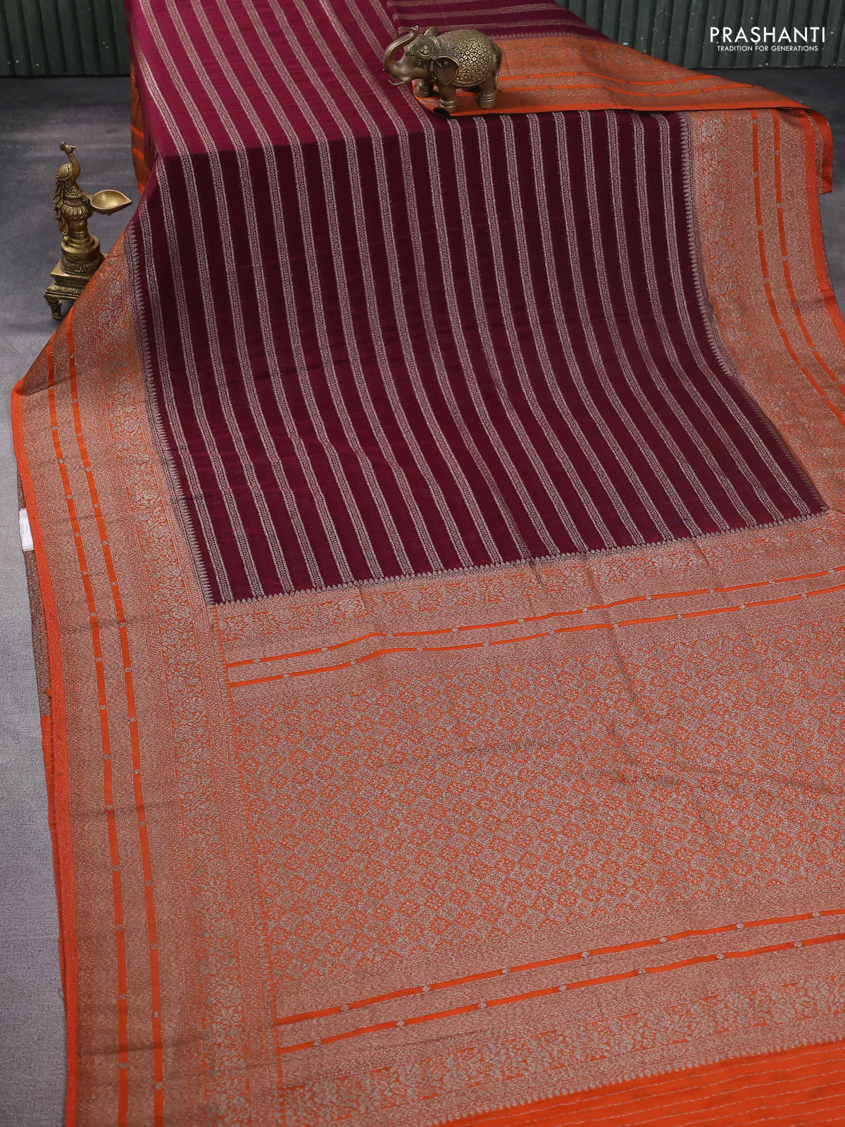 Banarasi semi crepe saree wine shade and orange with allover zari weaves and long zari woven border - Image 2