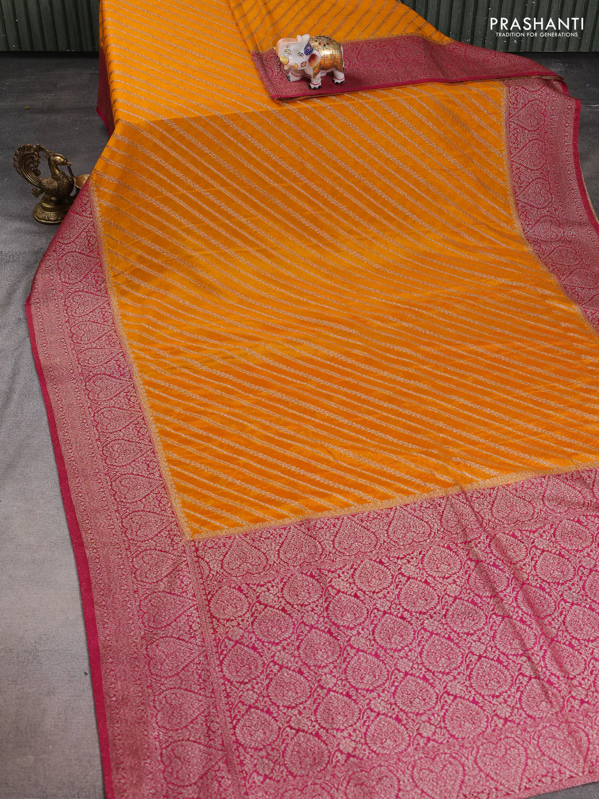 Banarasi semi crepe saree yellow and purple with allover zari weaves and zari woven border - Image 2