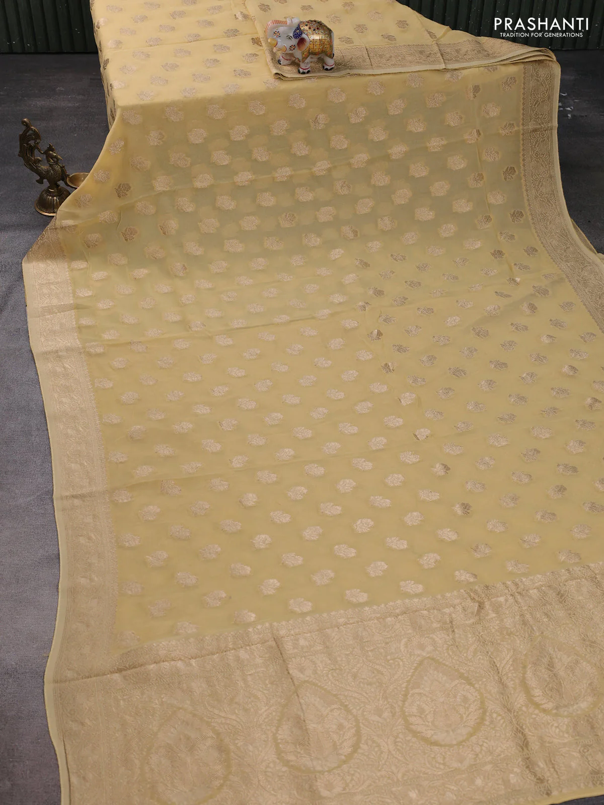 Banarasi semi georgette saree beige with allover floral zari buttas and zari woven border - Image 2
