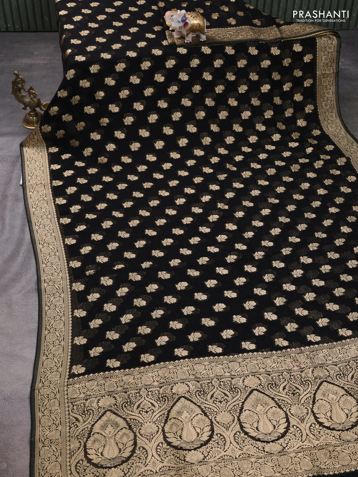 Banarasi semi georgette saree black with allover floral zari buttas and zari woven border - Image 2