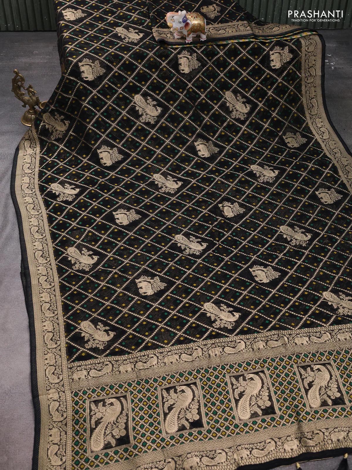 Banarasi semi georgette saree black with allover zari weaves & bandhani thread buttas and zari woven border - Image 2