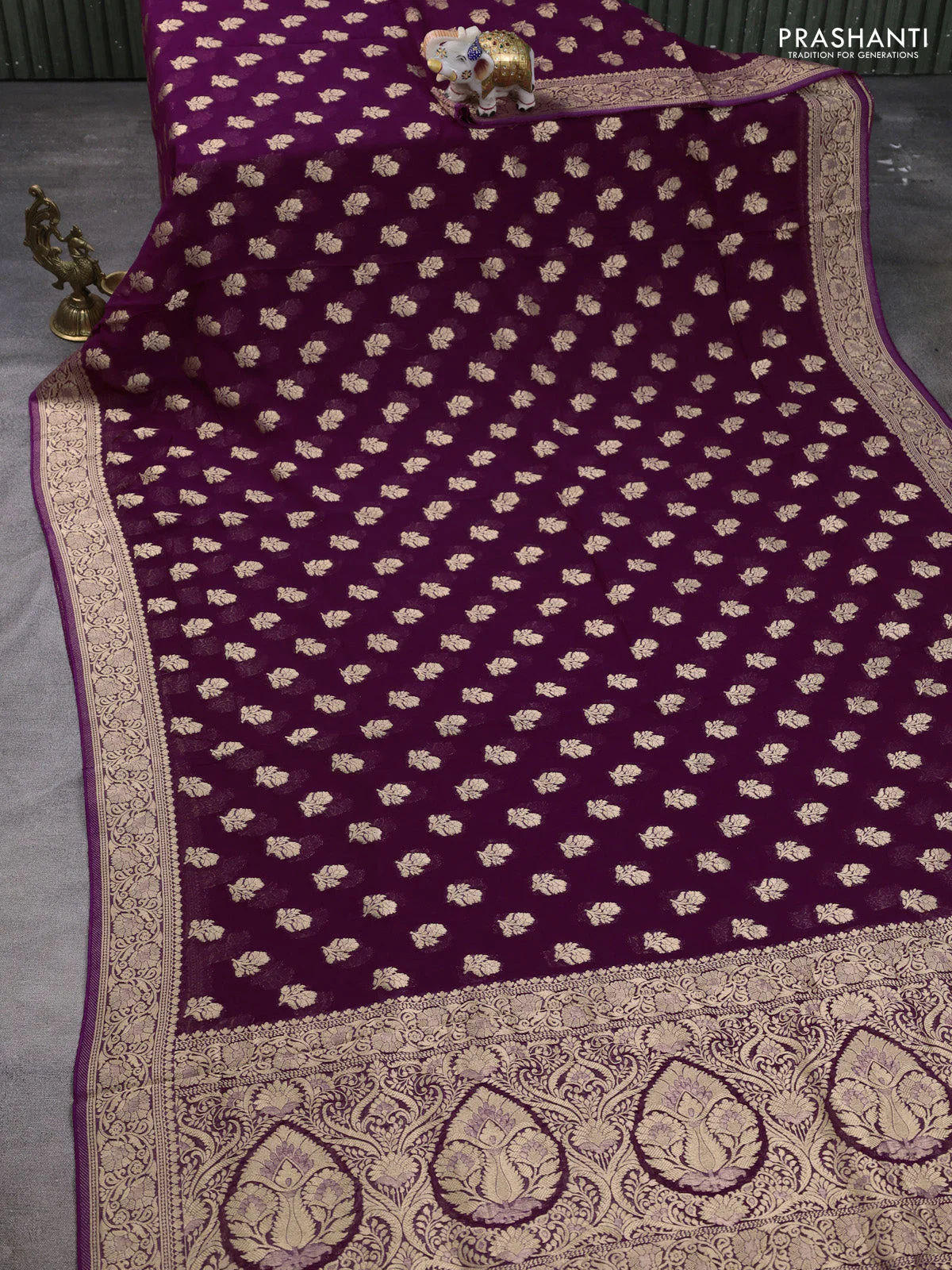 Banarasi semi georgette saree deep purple with allover floral zari buttas and zari woven border - Image 2