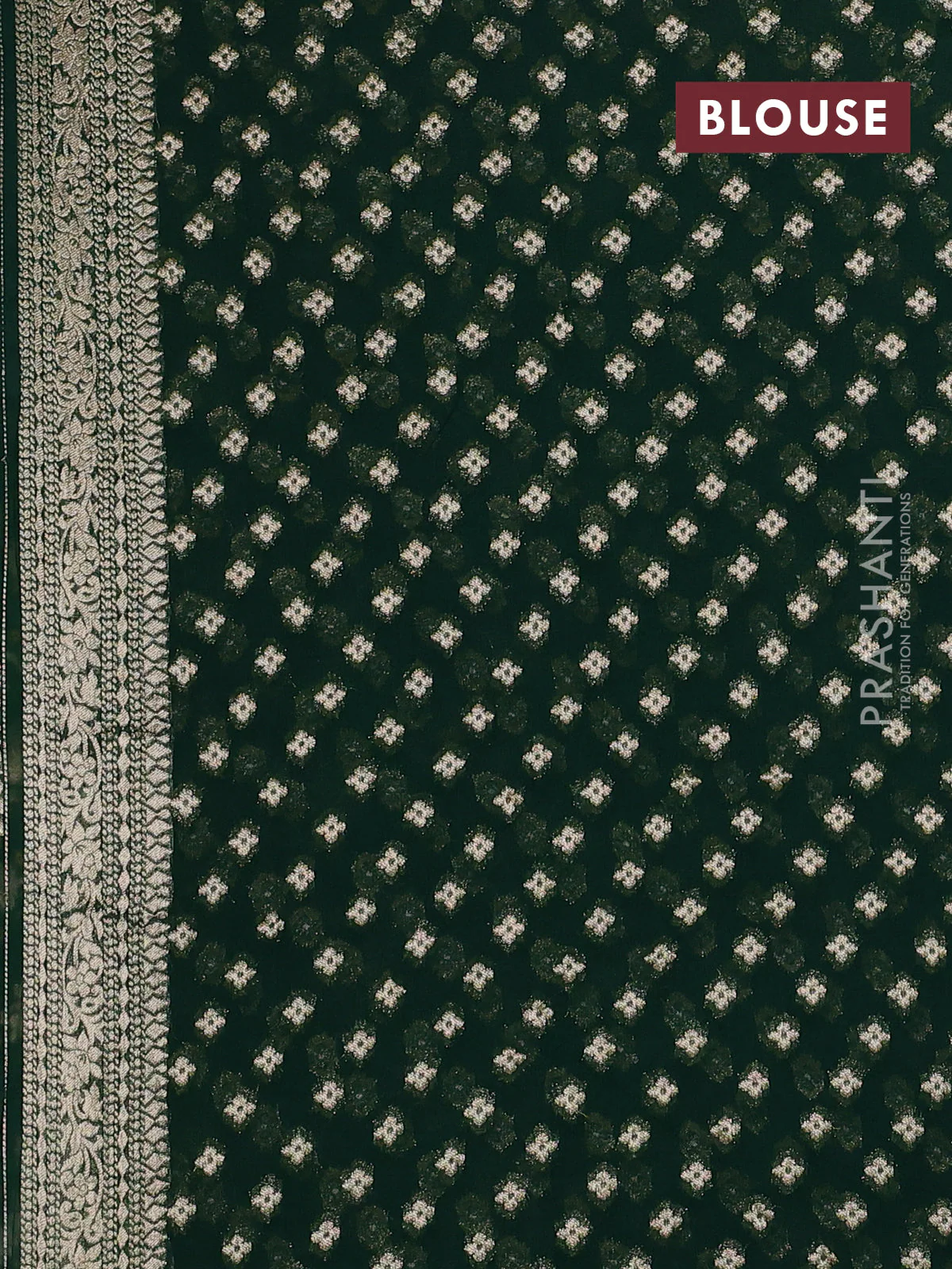Banarasi semi georgette saree green with allover zari weaves & bandhani thread buttas and zari woven border - Image 3