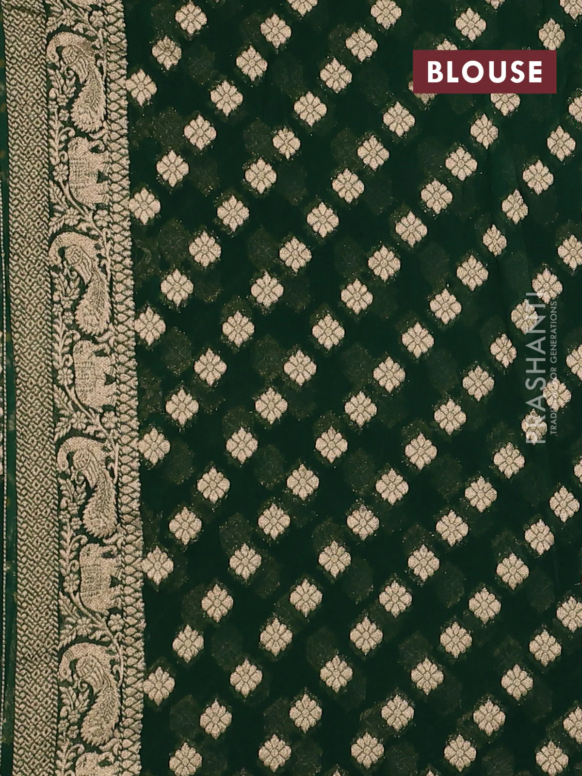 Banarasi semi georgette saree green with allover zari weaves & bandhani thread buttas and zari woven border - Image 3
