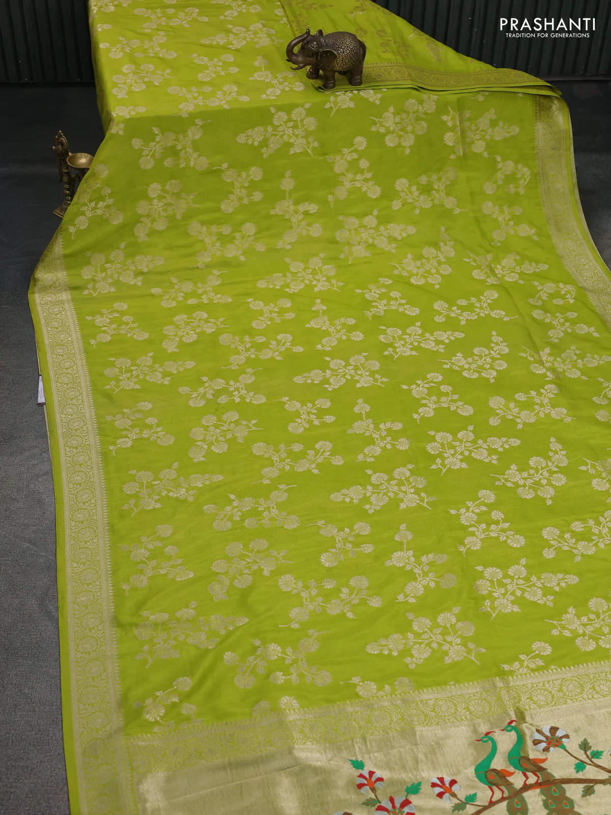 Banarasi semi georgette saree light green with allover zari woven floral brocade weaves and zari woven border - Image 2