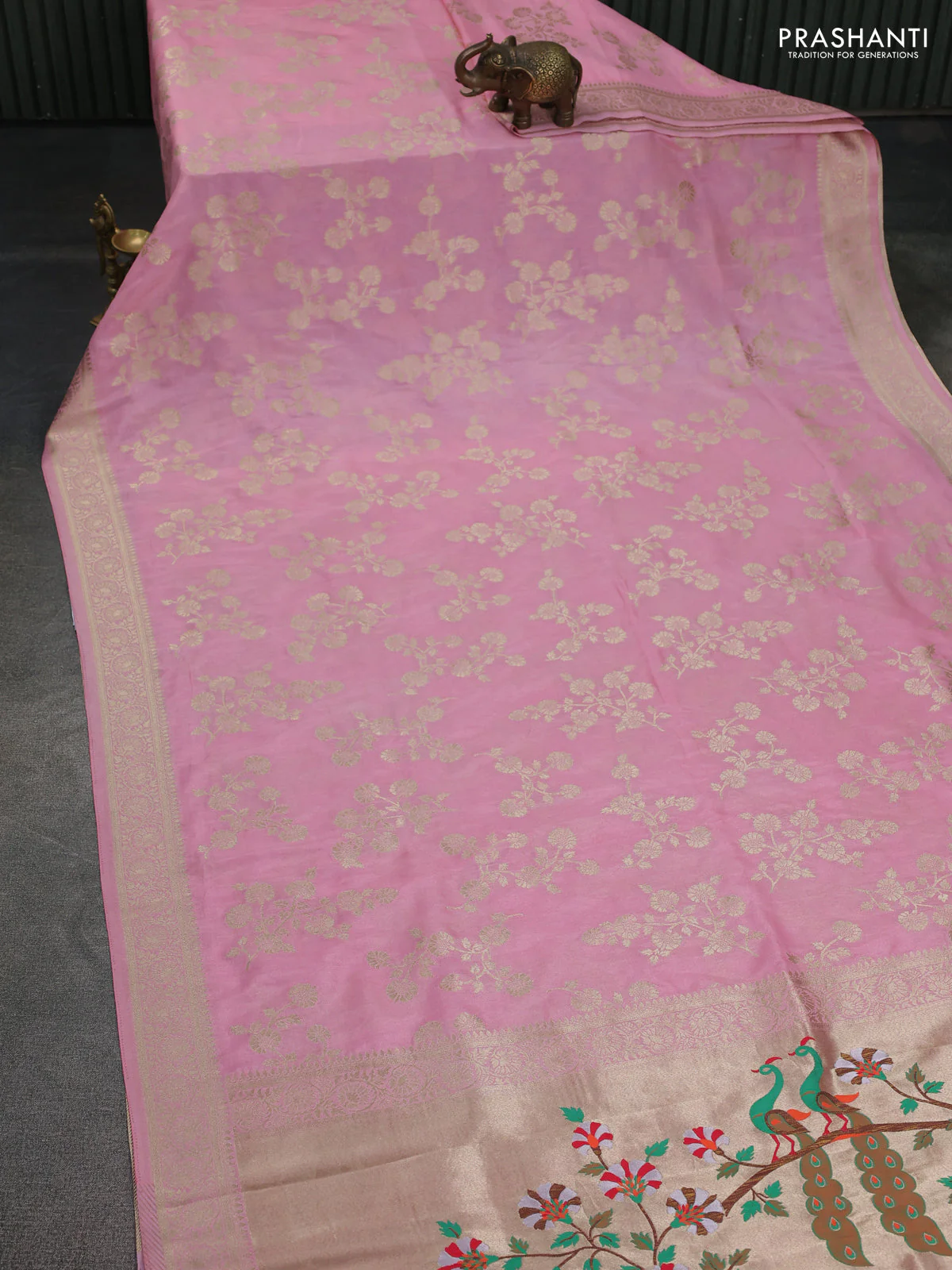 Banarasi semi georgette saree light pink with allover zari woven floral brocade weaves and zari woven border - Image 2
