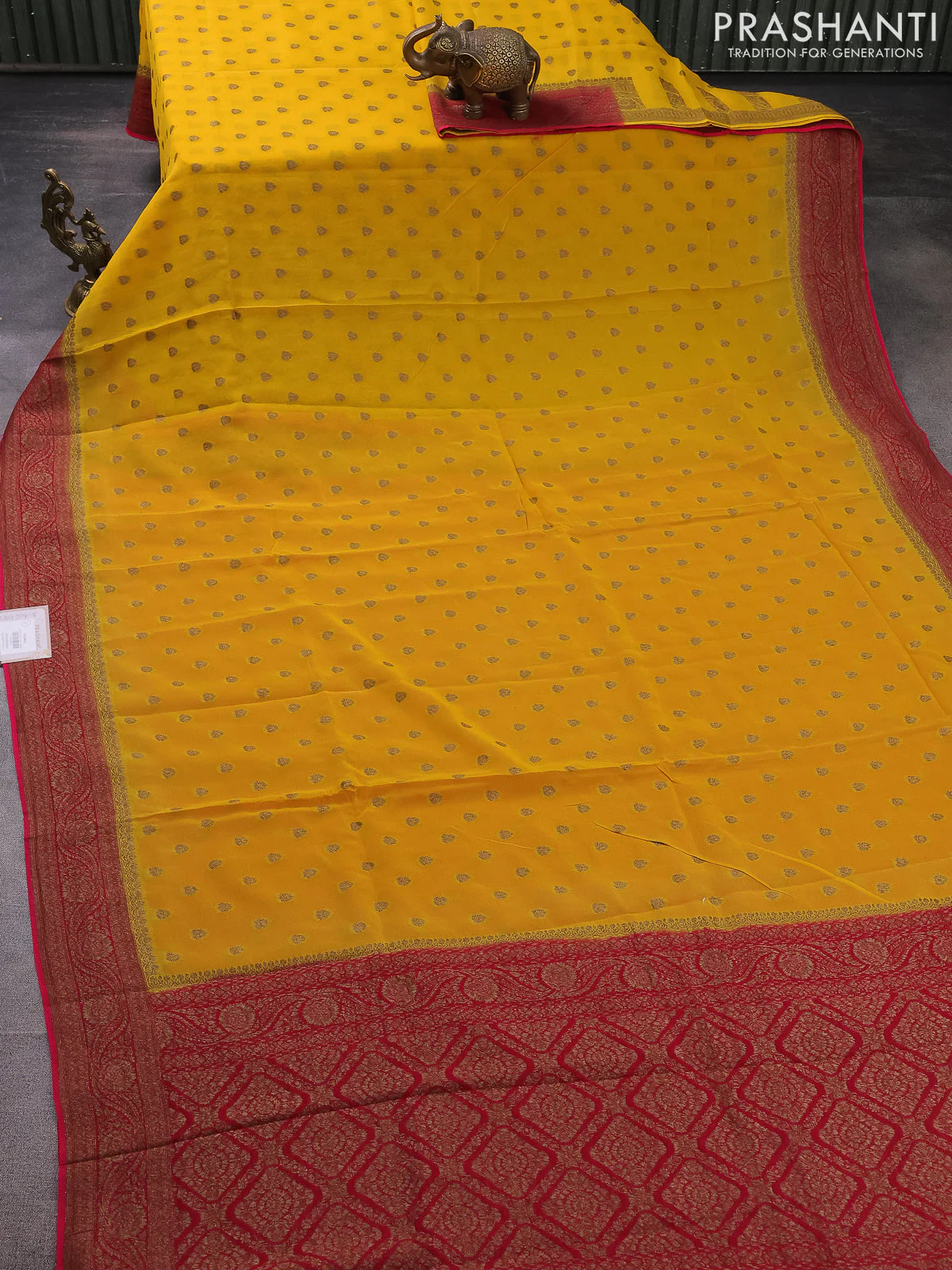 Banarasi semi georgette saree mustard yellow and pink with allover thread & zari woven buttas and woven border - Image 2