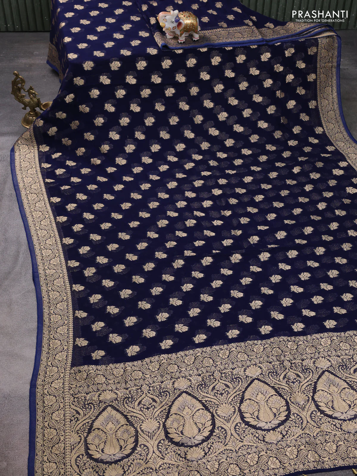 Banarasi semi georgette saree navy blue with allover floral zari buttas and zari woven border - Image 2