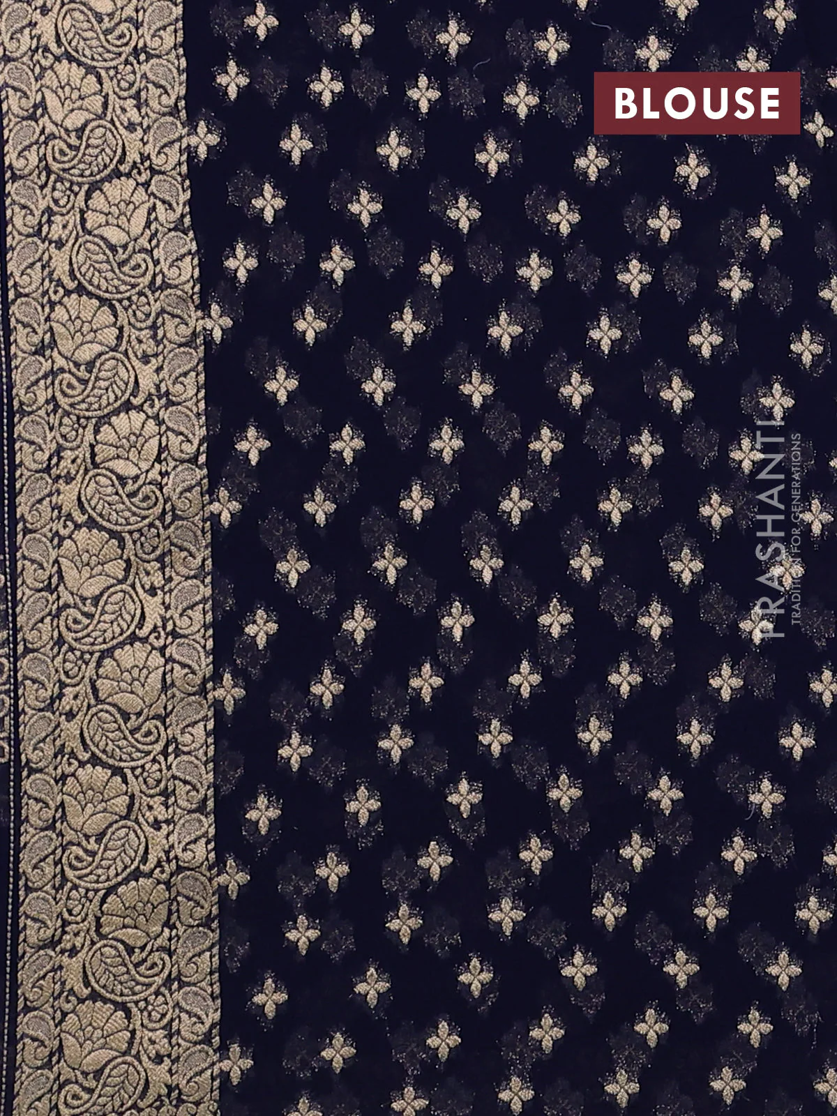 Banarasi semi georgette saree navy blue with allover floral zari buttas and zari woven border - Image 3