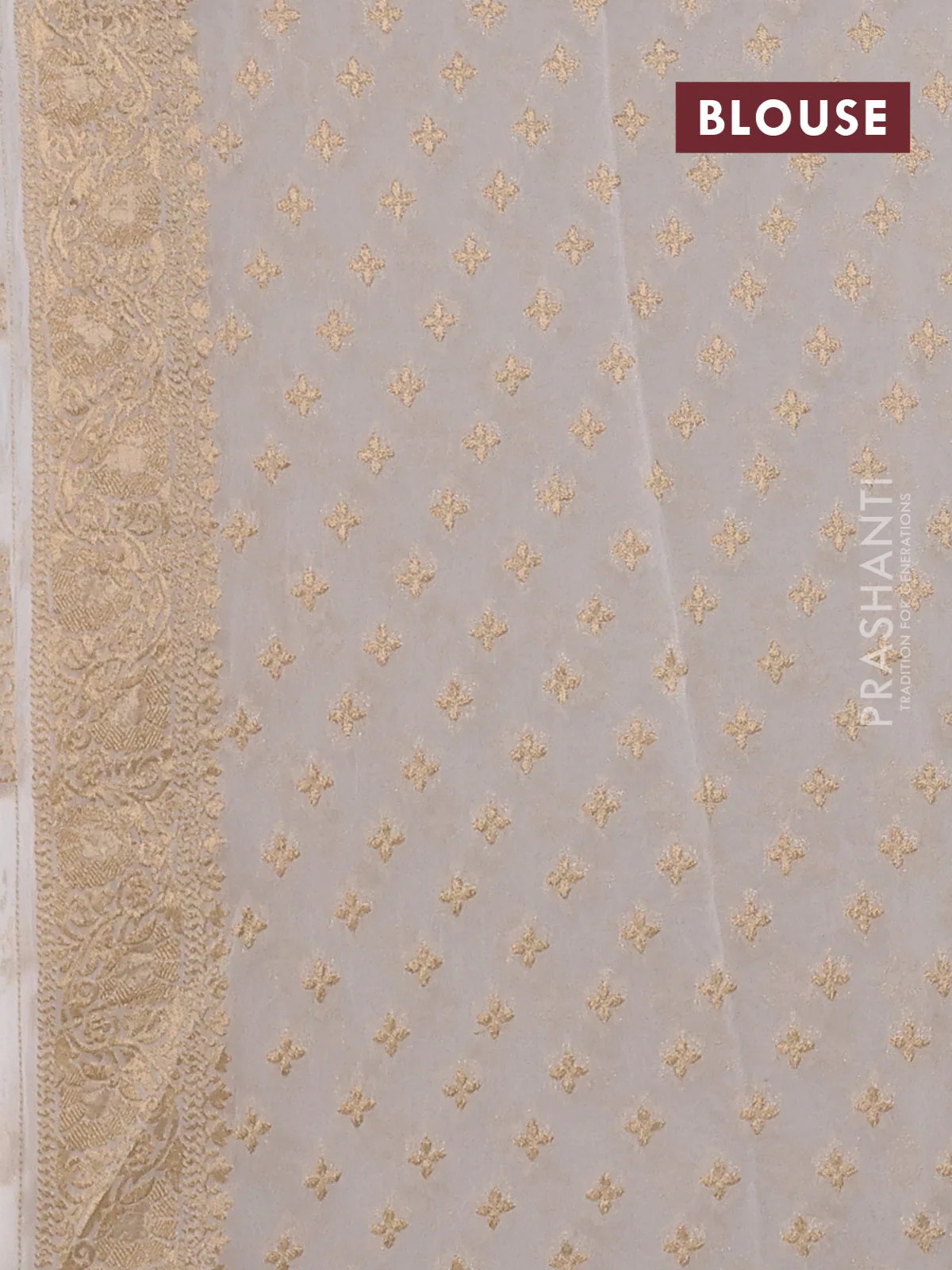 Banarasi semi georgette saree off white with allover floral zari buttas and zari woven border - Image 3