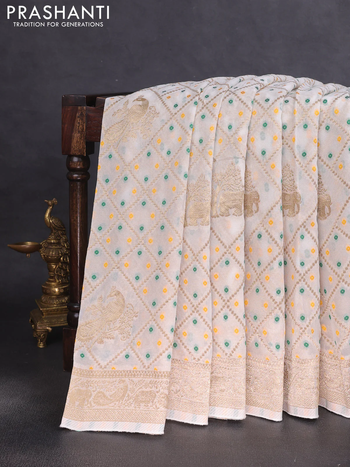 Banarasi semi georgette saree off white with allover zari weaves & bandhani thread buttas and zari woven border