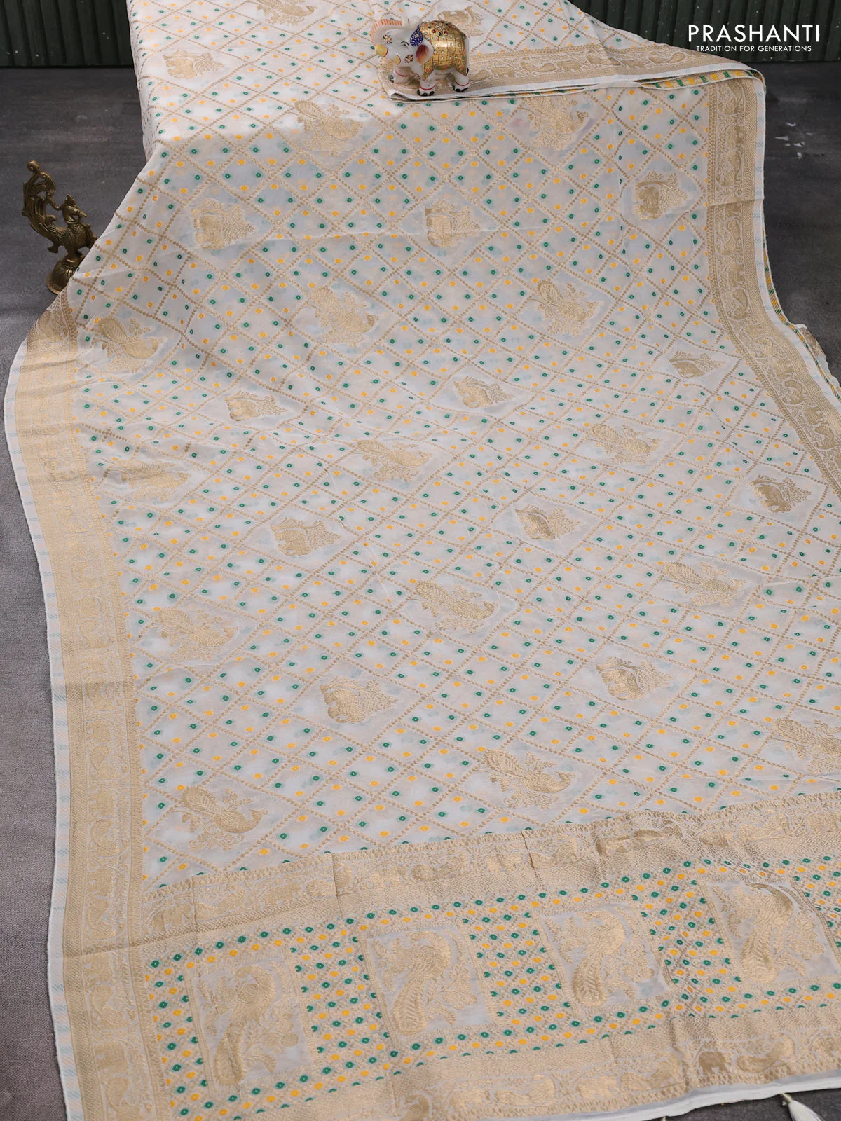 Banarasi semi georgette saree off white with allover zari weaves & bandhani thread buttas and zari woven border - Image 2