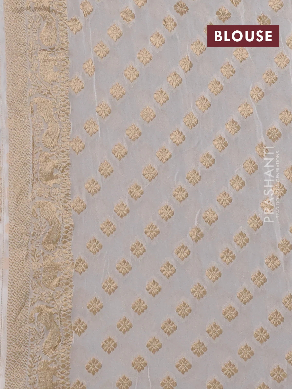 Banarasi semi georgette saree off white with allover zari weaves & bandhani thread buttas and zari woven border - Image 3