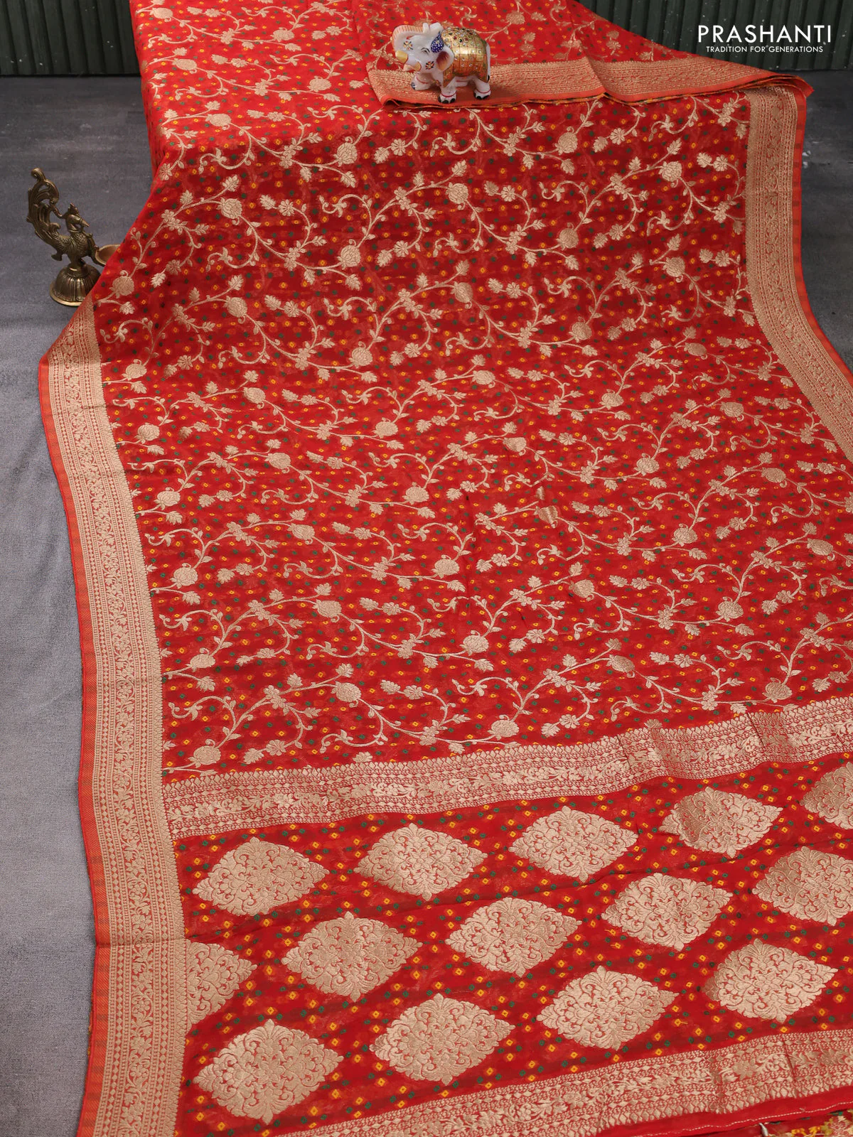 Banarasi semi georgette saree orange with allover zari weaves & bandhani thread buttas and zari woven border - Image 2