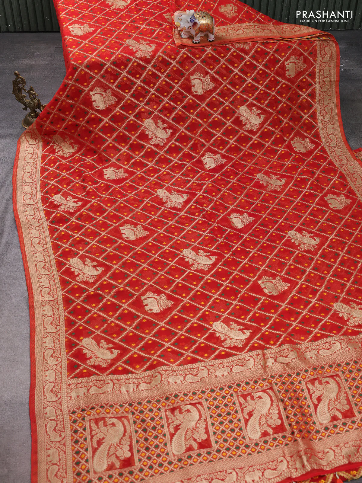 Banarasi semi georgette saree orange with allover zari weaves & bandhani thread buttas and zari woven border - Image 2