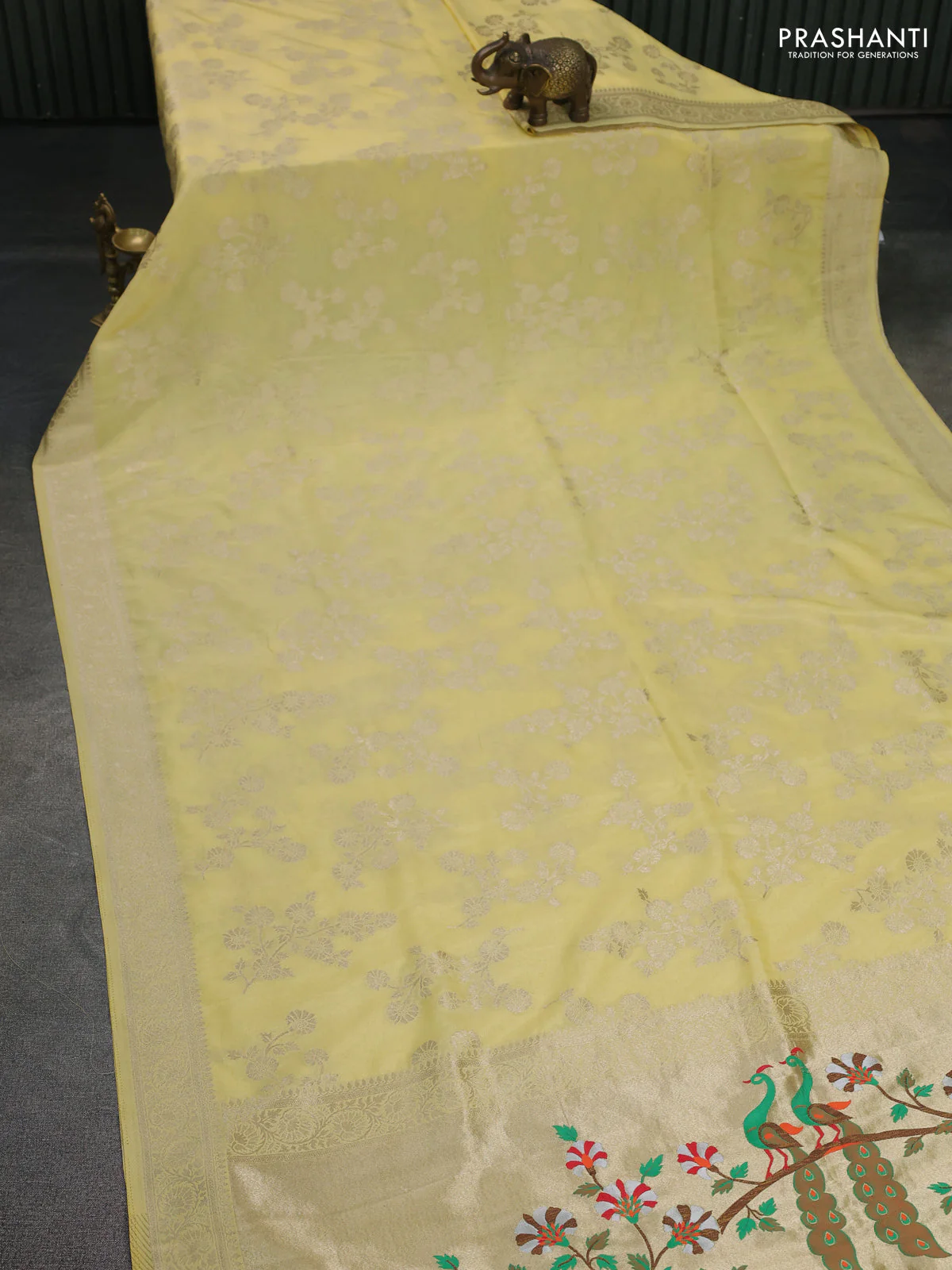 Banarasi semi georgette saree pale yellow with allover zari woven floral brocade weaves and zari woven border - Image 2