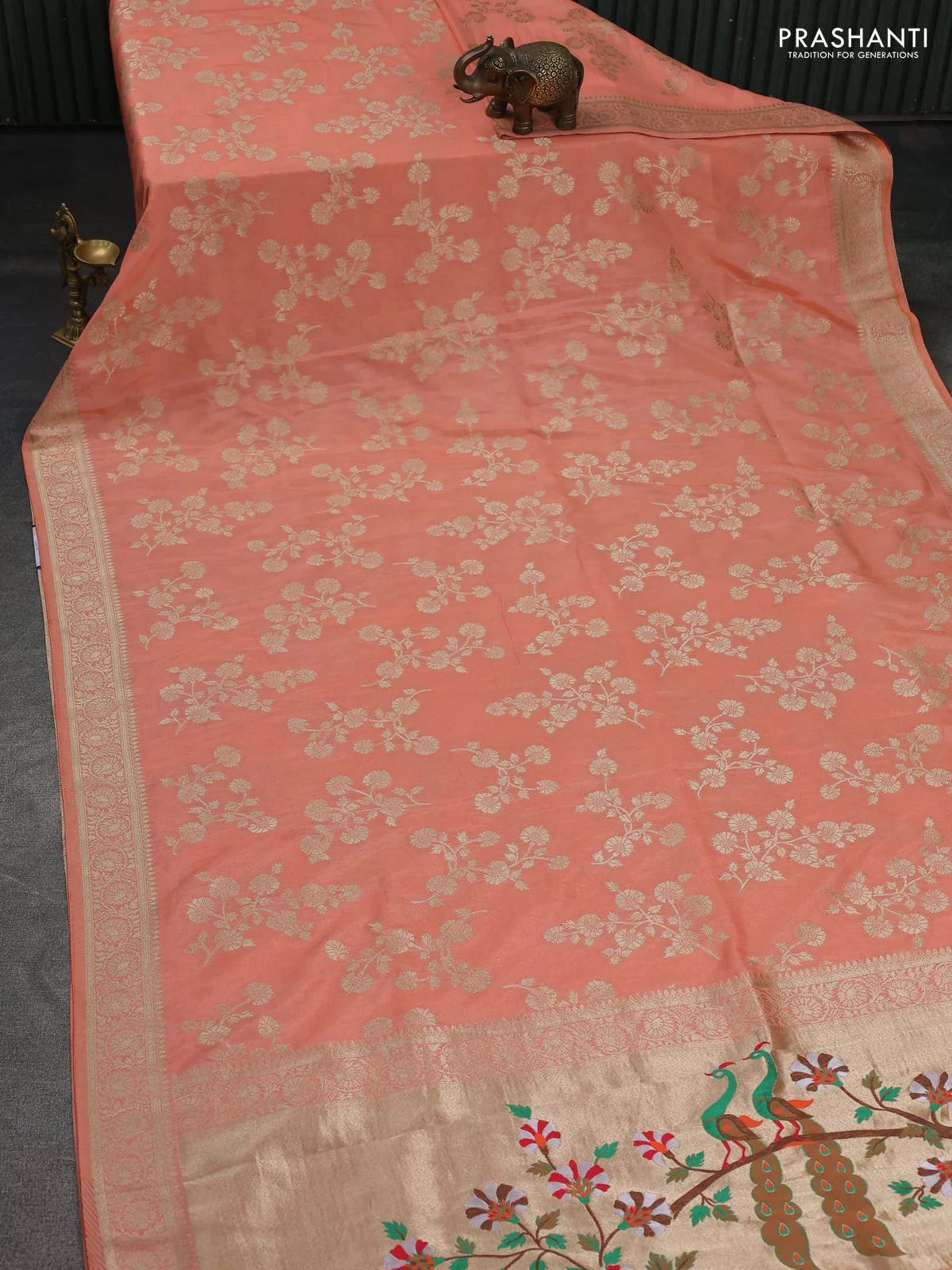 Banarasi semi georgette saree peach orange with allover zari woven floral brocade weaves and zari woven border - Image 2