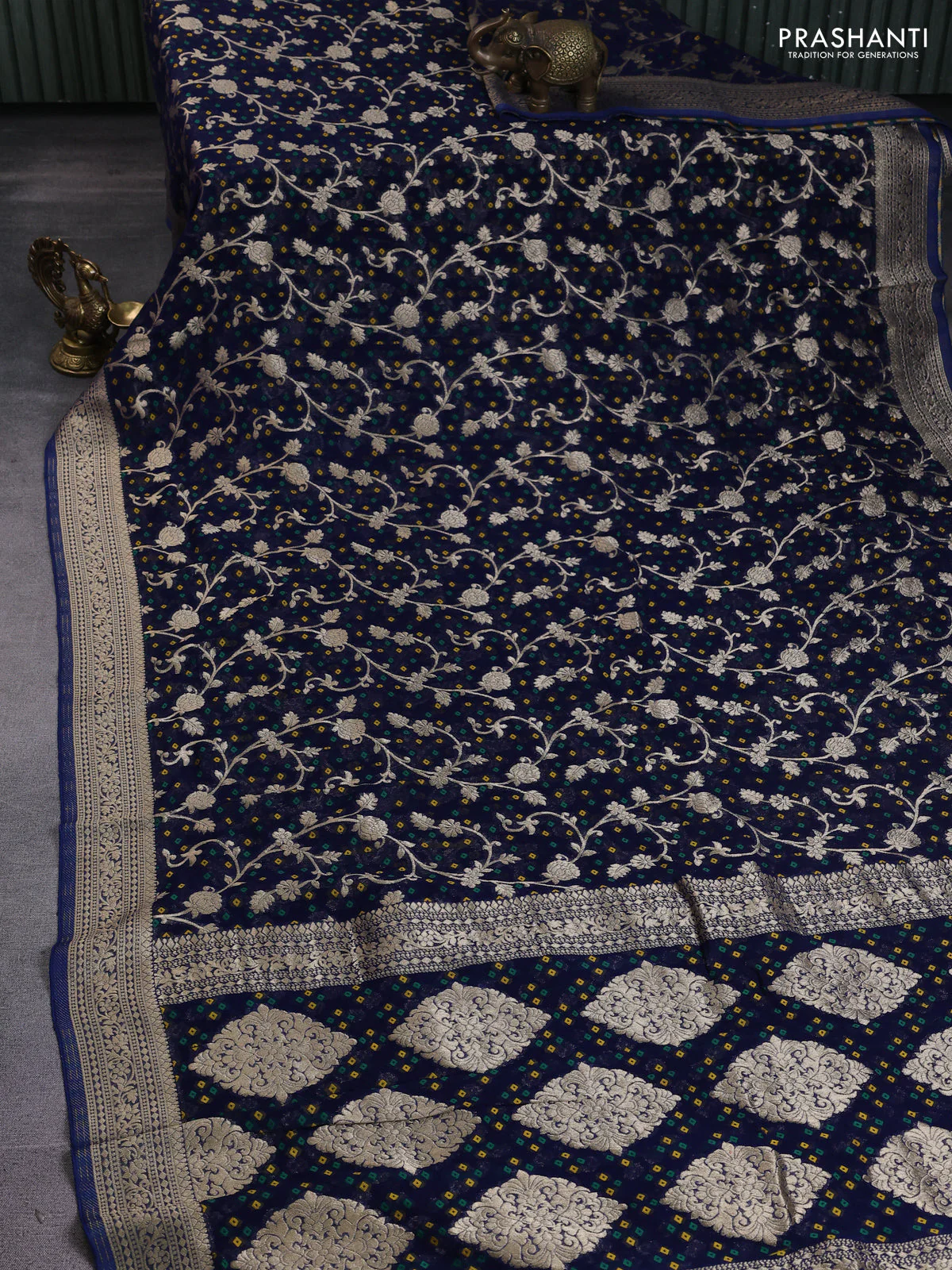 Banarasi semi georgette saree peacock blue with allover zari weaves & bandhani thread buttas and zari woven border - Image 2