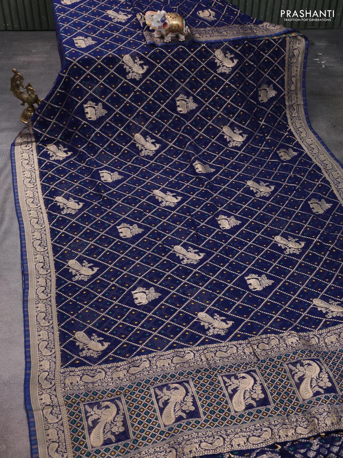 Banarasi semi georgette saree peacock blue with allover zari weaves & bandhani thread buttas and zari woven border - Image 2