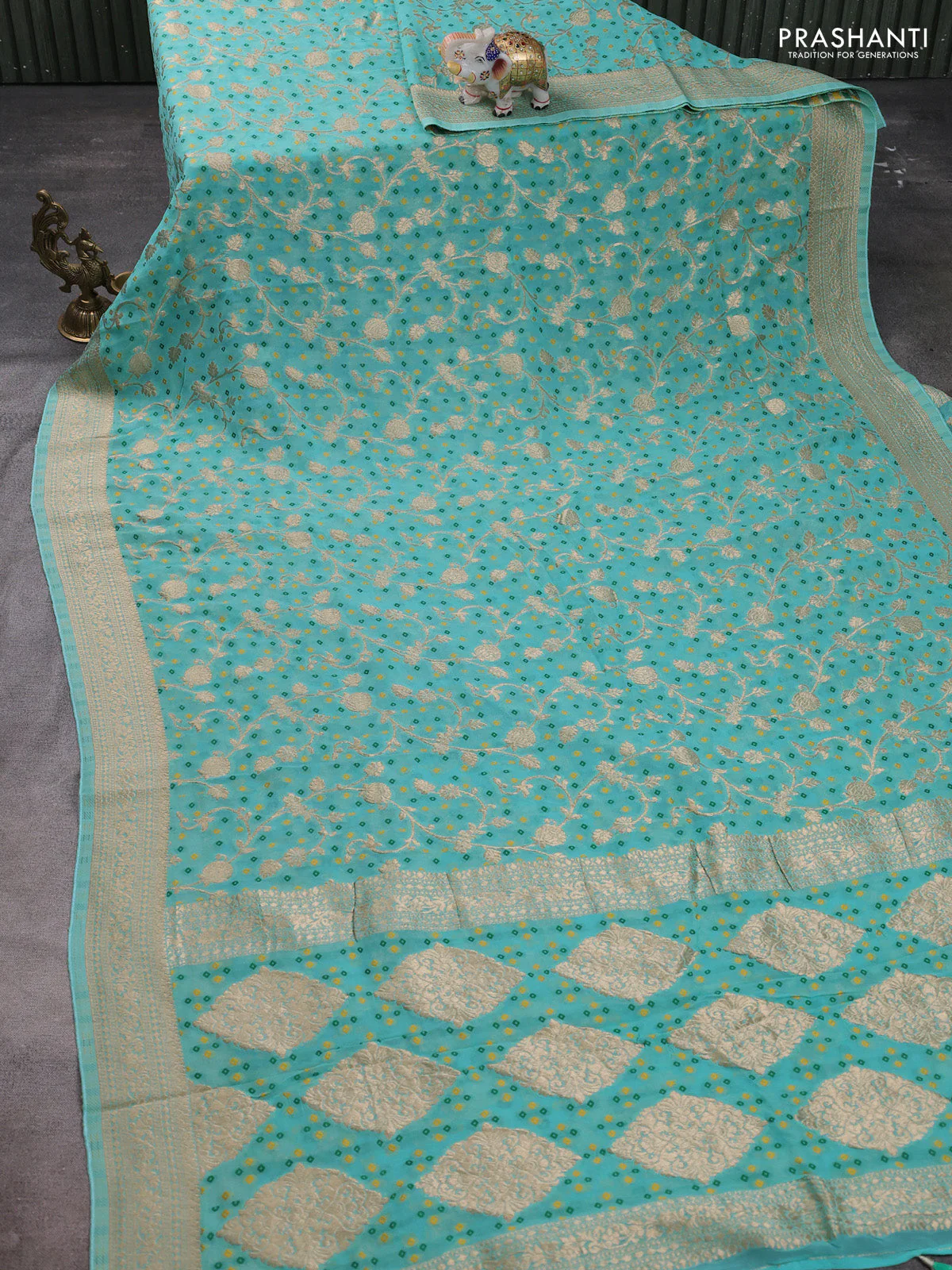 Banarasi semi georgette saree teal green with allover zari weaves & bandhani thread buttas and zari woven border - Image 2