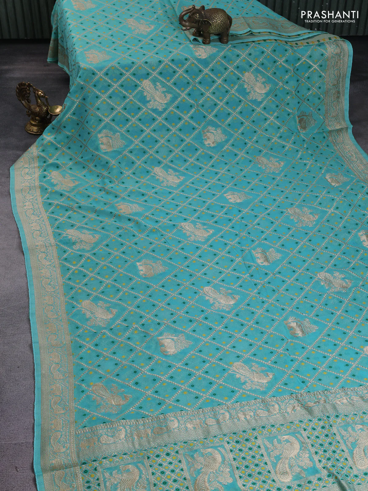 Banarasi semi georgette saree teal green with allover zari weaves & bandhani thread buttas and zari woven border - Image 2