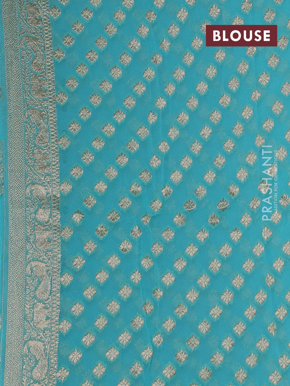 Banarasi semi georgette saree teal green with allover zari weaves & bandhani thread buttas and zari woven border - Image 3