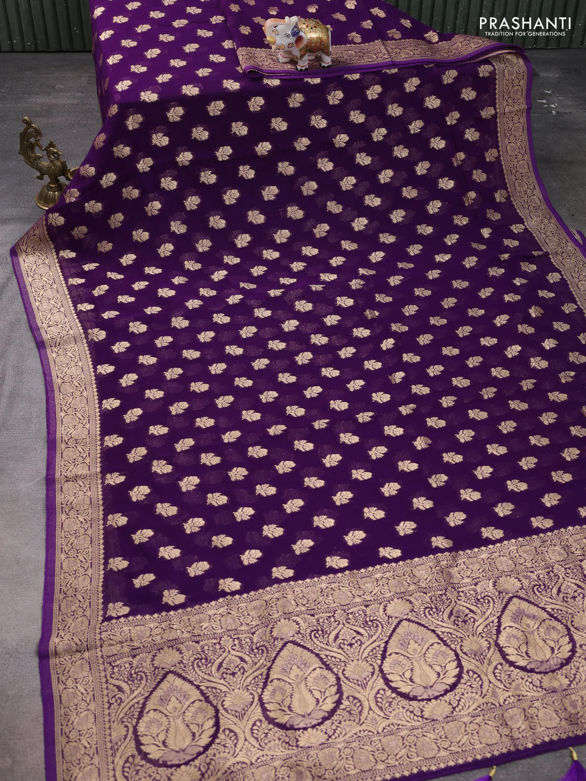 Banarasi semi georgette saree violet with allover floral zari buttas and zari woven border - Image 2
